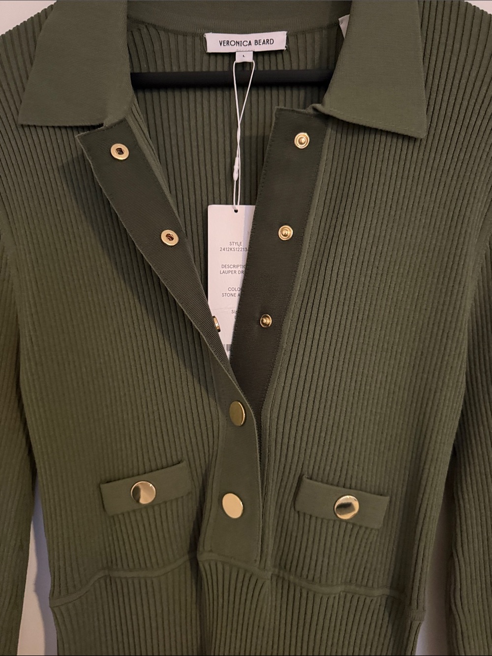 Veronica Beard Olive Green Ribbed Knit Mini Dress with Gold Buttons - Picture 3 of 7